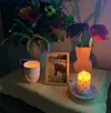 Tända ljus, blommor och ett inramat foto av en häst på ett bord.