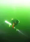 En dykare med lufttank och ficklampa simmar i grumligt grönt vatten.
