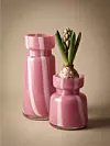 Två rosa glasvaser mot beige bakgrund, den ena med en blomlök och gröna blad.
