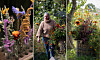 En person går i en blomstrande trädgård med höga växter och färgglada blommor.