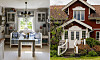 Ljus matsal med bord intill ett rött hus med vita detaljer och grönska utanför.