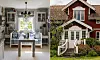 Ljus matsal med bord intill ett rött hus med vita detaljer och grönska utanför.