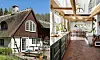 Traditionellt hus utvändigt bredvid ljus modern interiör med träbalkar och stort kök.