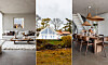 Collage med vardagsrum, växthus i trädgård och matplats med kök.