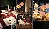 Juldukning, adventsstjärnor och julgran med paket.