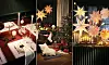 Juldukning, adventsstjärnor och julgran med paket.