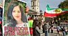 Protest för Iran i London med plakat på Masha Amini som dog i samband med att hon greps av sedlighetspolisen i Iran.