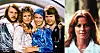 Anni-Frid Lyngstad porträtt i vit skjorta och Abba-halsband, 1982. Hela gruppen Abba när de vann med Waterloo i Melodifestivalen 1974.
