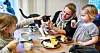 Ditte Thorbek och döttrarna Ida och Amalie får oväntat besök av hankatten Stoffer. Han vill gärna smaka på deras fika. Men Ditte Thorbek lyfter snabbt ned honom på golvet igen. Foto: Krister Hansson